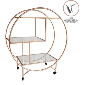 Grote Keuken Bar Trolley – Roségoud - Bar wagen kar trolley - 4 zwenkwielen - gratis kurkentrekker – Jaren 30 stijl - Serveer wagen - 3 opbergrekken