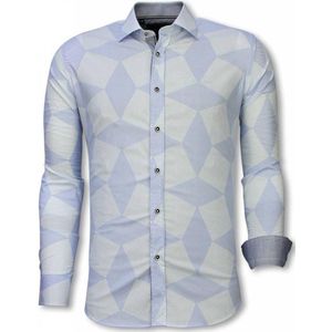 Italiaanse Overhemden - Slim Fit Overhemd - Blouse Line Pattern - Licht Blauw