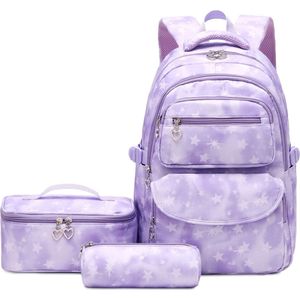 Rugzak met sterren 3 stuks - Lila/paars - 30 x 17 x 44 cm - Rugtas, lunchtas, etui - 15.6 inch laptoptas - Schoolrugzak voor kinderen - School tassen set voor meiden - 22 L - Schooltas voor meisjes - Schoolrugtas met sterretjes - Hartjes ritssluiting