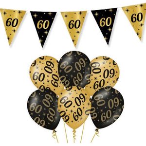 60 Jaar Verjaardag Decoratie Versiering - Feest Versiering - Vlaggenlijn - Ballonnen - Klaparmband - Man & Vrouw - Zwart en Goud