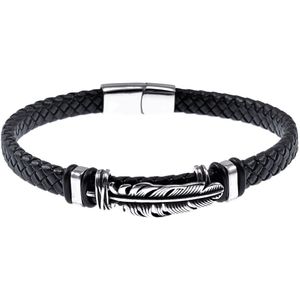 Leren Armband Heren - Zwarte Leer - Stalen Zilver Kleur - Armband met Veer