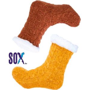 SOX Huissokken 2 PACK 37/42 Unisex met ABS anti slip effen met kabelmotief Oker en Roest Super warm gevoerd