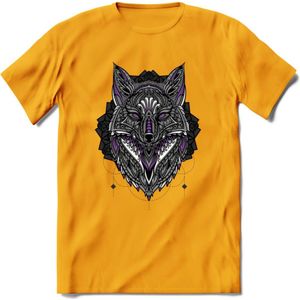 Vos - Dieren Mandala T-Shirt | Paars | Grappig Verjaardag Zentangle Dierenkop Cadeau Shirt | Dames - Heren - Unisex | Wildlife Tshirt Kleding Kado | - Geel - XXL