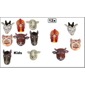 12x Masker boerderij dieren Kids - assortie - Thema feest thema feest fun boer festival dieren schaap paard koe varken kip geit