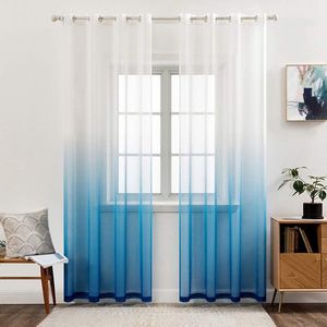 Set van 2 transparante gordijnen, kleurverloop, voile vitrages met oogjes, decoratief raamgordijn voor slaapkamer en woonkamer, 260 cm x 140 cm (H x B), wit en donkerblauw