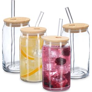 Relaxdays drinkglazen met rietje - set van 4 - 450 ml - bamboe deksel