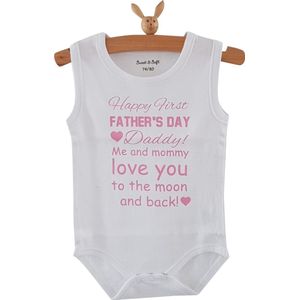Baby Rompertje eerste Vaderdag cadeau meisje Happy first father’s Day | mouwloos | wit roze | maat 62/68