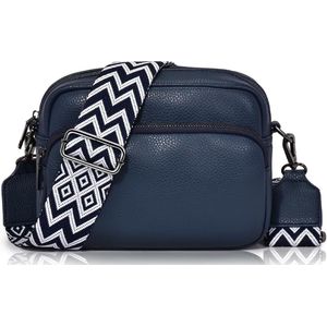 Crossbody tas voor dames - Donker blauw - 22 x 16 x 8 cm - Met aztec schouderriem - Schoudertas voor vrouwen - Verstelbare schouderband - Handtas met ritsen - Waterbestendig - Zilveren hardware - Telefoontas - Festivaltas - PU leer