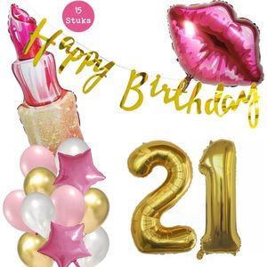 Snoes Beauty Helium Ballonnen Set 21 Jaar - Roze Folieballonnen - Slinger Happy Birthday Goud