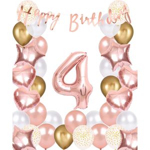 Snoes Ballonnen 4 Jaar Rose Gold White Dots - Compleet Feestpakket met cijfer ballon 4 Jaar - Verjaardag Versiering Slinger Happy Birthday – Folieballon – Latex Ballonnen - Helium Ballonnen - Rose Feestpakket