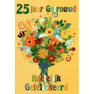 25 jaar getrouwd! Van harte gefeliciteerd! Een kleurrijke en leuke kaart met een afbeelding van een bos bloemen. Leuk om zo te geven of om bij een cadeau te voegen. Een dubbele wenskaart inclusief envelop en in folie verpakt.