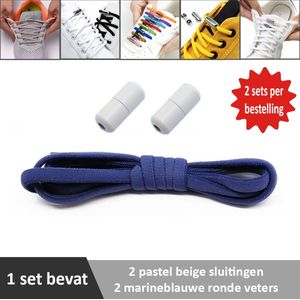 2 paar marineblauwe ronde elastische veters met pastel beige sluitingen. Je hoeft voortaan nooit meer je veters te strikken