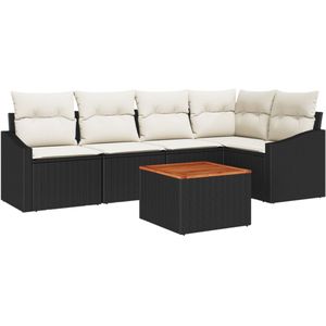 vidaXL - 6-delige - Tuin - Sofaset - met - Kussens - Zwart - Poly - Rattan - Acacia