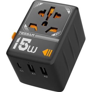 Tessan Wereldstekker - Reisstekker - Travel Adapter - met Type C en USB - Zwart
