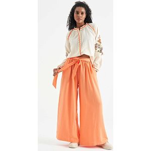 La Pèra Dames Broek - Hoge Elastische Taille - Wijde pijpen - Linnen - Oranje - S