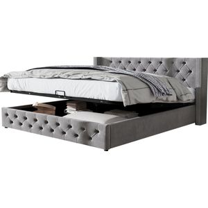 Merax Velvet Boxspringbed 180x200 | Chesterfield Design | Hydraulisch Opbergbed met Oorvormig Hoofdbord en Nieten | Grijs