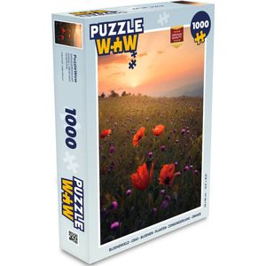 Puzzel Bloemenveld - Gras - Bloemen - Planten - Zonsondergang - Oranje - Legpuzzel - Puzzel 1000 stukjes volwassenen