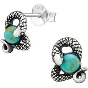 Joy|S - Zilveren slang oorbellen - 7 x 8 mm - turquoise blauw - geoxideerd - oorknoppen