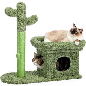 Stijlvolle krabpaal met bal en kattenhok, hoogte 70 cm - Kattenhuis voor Katten en Kittens - Groene Krabpaal met Cactus