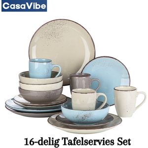 CasaVibe Serviesset – 16 delig – 4 persoons – Porselein - Luxe – Bordenset – Dinner platen – Dessertborden - Beige Blauw