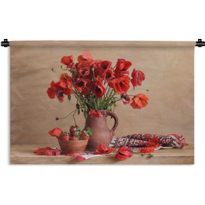 Wandkleed Abstracte Bloemen - Stilleven van een vaas met rode abstracte bloemen Wandkleed katoen 90x60 cm - Wandtapijt met foto