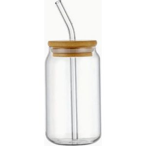 2 stuks glazen bekers met rietje en borsteltje - ijskoffie beker - limonade beker met rietje - beker 500ml - beker met rietje - beker met bamboe deksel en glazen rietje
