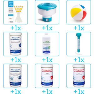 Alles-in-1 Zwembad Onderhoudspakket - bevat Chloor - PH-min - PH-plus - Chloor - Anti Alg - Thermometer - Testrips - Chloordrijver en Strandbal (9-delig)