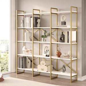 EMOB - Locelso Boekenplank | 100% Melamine Gecoat | Metalen Frame | Witgoud - Emob - Woonkamerkasten - Wit; Goud - Melamine - Woonkamerkasten - Op voorraad