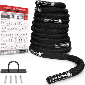 Next Alpha Battle Rope - 38mm x 9m - Beschermhoes - Muur Anker - Workout Instructie Poster - Zwart