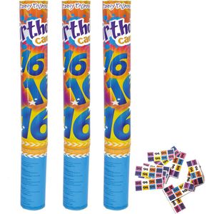Set van 3 confetti shooters - VERJAARDAG 16 JAAR - lengte 40 cm - met bedrukte confetti 16 jaar - reikwijdte 5-6 meter hoog