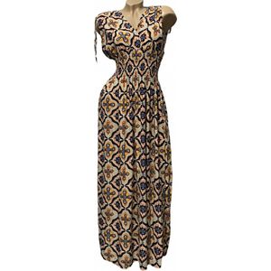 Dames maxi jurk met print M/L (36-40) grijs/geel/blauw