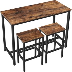 Bartafel set, Kitchen Pub tafel en 2 Bar Krukken, 3-Delige Ontbijt Eettafel set voor Keuken Woonkamer, Eetkamer, Stevig Metalen Frame, Industrieel, Rustiek Bruin