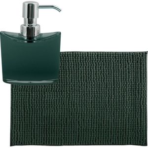 MSV badkamer droogloop mat/tapijtje - 50 x 80 cm - en zelfde kleur zeeppompje 260 ml - donkergroen
