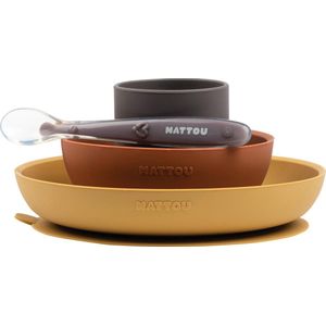 Nattou Siliconen 4-delig Servies voor Kinderen - Bord + Kom + Beker + Lepel - Antislip - BPA-vrij - Geel / Terracotta