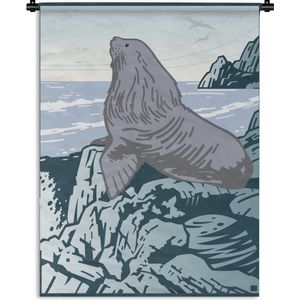 Wandkleed Zeeleeuw illustratie - Een illustratie van een zeeleeuw op de rotsen Wandkleed katoen 60x80 cm - Wandtapijt met foto