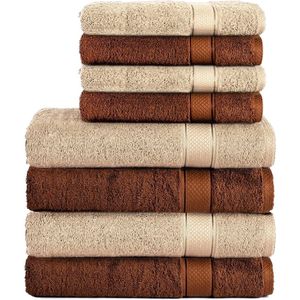 Set van 8 handdoeken van 100% katoen, 4 badhanddoeken 70x140 en 4 handdoeken 50x100 cm, badstof, zacht, groot, bruin/beige