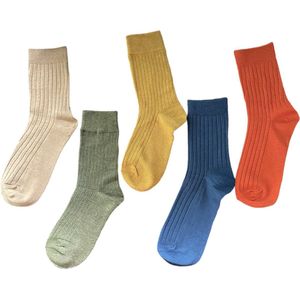 ASTRADAVI Socks Collection - Normale Sokken - 5 Stuks - Unisex Katoenen Sokken - Effen Kleuren - 36/41 - Donker Blauw, Leger Groen, Oranje, Beige, Mosterdgeel