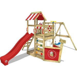 WICKEY speeltoestel klimtoestel SeaFlyer met schommel & rode glijbaan, outdoor klimtoren voor kinderen met zandbak, ladder & speelaccessoires voor de tuin