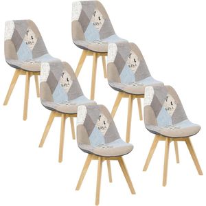 Set van 6 Moderne Eetkamerstoelen - Design Keukenstoelen met Houten Frame en Leren Bekleding in Grijs en Kaki