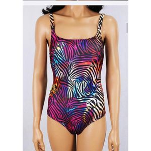 Badpak vrouwen- Tropische bladeren print zwempak- Dames Zwemkleding Bikini 421- Paars zwart wit kleurenverloop- Maat 38