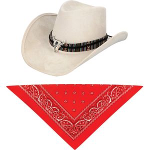 Carnaval verkleedset luxe model cowboyhoed Rodeo - creme wit - en rode hals zakdoek - voor volwassenen