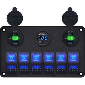 ProRide Schakelpaneel 12V voor Auto/Boot - USB Lader 4 Poorten met Voltmeter - 5V/2.4A - 6 Schakelaars