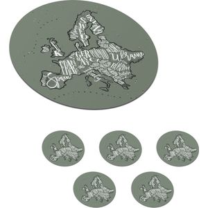 Onderzetters voor glazen - Rond - Kaart - Europa - Grijs - Letters - 10x10 cm - Glasonderzetters - 6 stuks