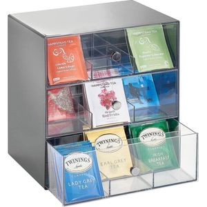 Theedoos - keukenorganizer/opbergbox voor theezakjes, koffiepads, suiker en meer - met 27 compartimenten en 3 lades/plastic - antraciet/doorzichtig