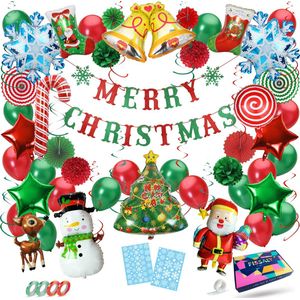 Fissaly Kerst Versiering Decoratie Pakket – Kerstmis Kerstboom & Kerstman – Kerstdecoratie voor Binnen – Ballonnen Groen & Rood - Incl. Sneeuwvlok stickers
