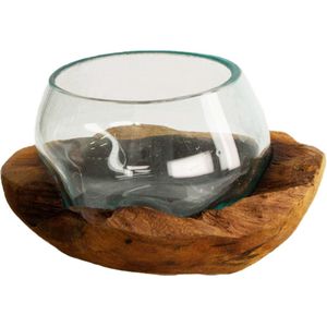DKNC - Decoratieve schaal Tomar - Glas met hout - 20x20x13 cm - Bruin