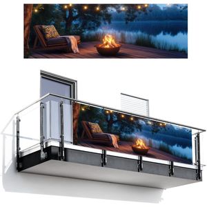 Balkonscherm 300x100 cm - Balkonposter Kampvuur - Meer - Avondlicht - Balkon scherm decoratie - Balkonschermen - Balkondoek zonnescherm