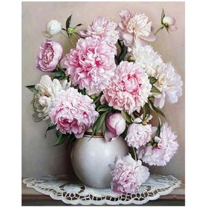 Schilderen op nummer Volwassenen - Witte en roze bloemen in vaas - 40 x 50 centimeter