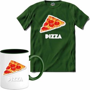 Pizza - grappig verjaardag kleding cadeau - eten teksten - T-Shirt met mok - Heren - Bottle Groen - Maat L