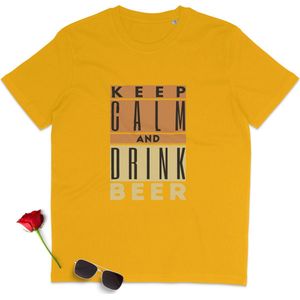 T Shirt Heren - Blijf Kalm, Drink Bier - Korte Mouw - Geel - Maat XL